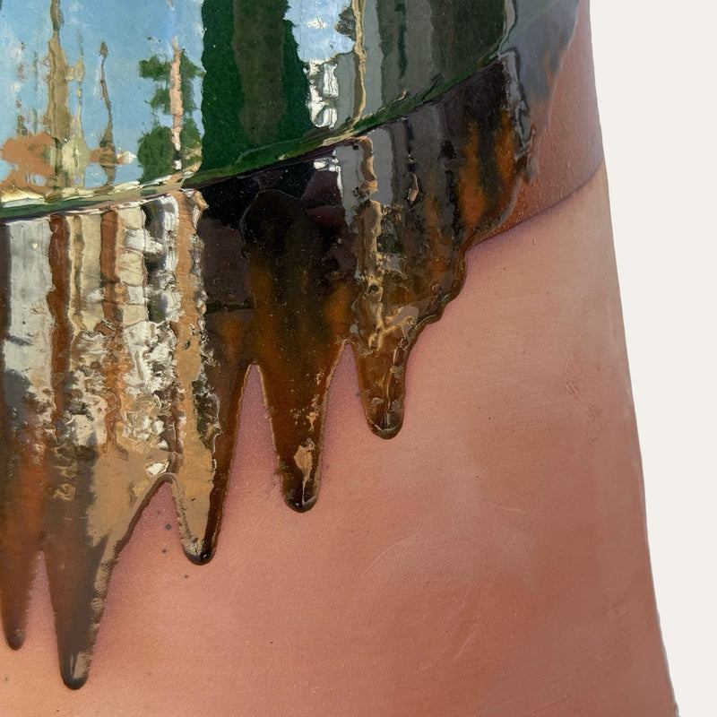 Alcuza ceramic oil vessel by Pablo Tito with green copper oxide finish, handcrafted in Andalusia, Spain.