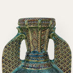Alhambra green ceramic floor vase by Pablo Tito with intricate latticework and relief carving, handcrafted in Andalusia, Spain.