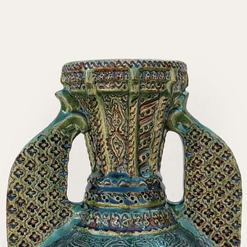 Alhambra green ceramic floor vase by Pablo Tito with intricate latticework and relief carving, handcrafted in Andalusia, Spain.