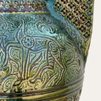 Alhambra green ceramic floor vase by Pablo Tito with intricate latticework and relief carving, handcrafted in Andalusia, Spain.