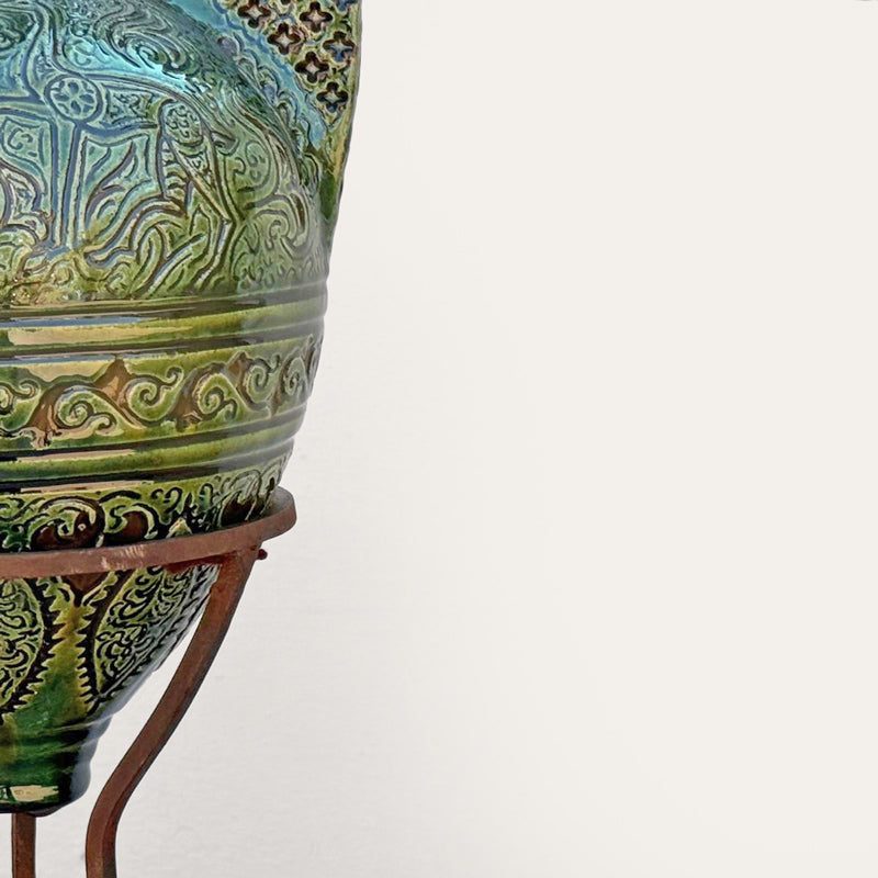 Alhambra green ceramic floor vase by Pablo Tito with intricate latticework and relief carving, handcrafted in Andalusia, Spain.