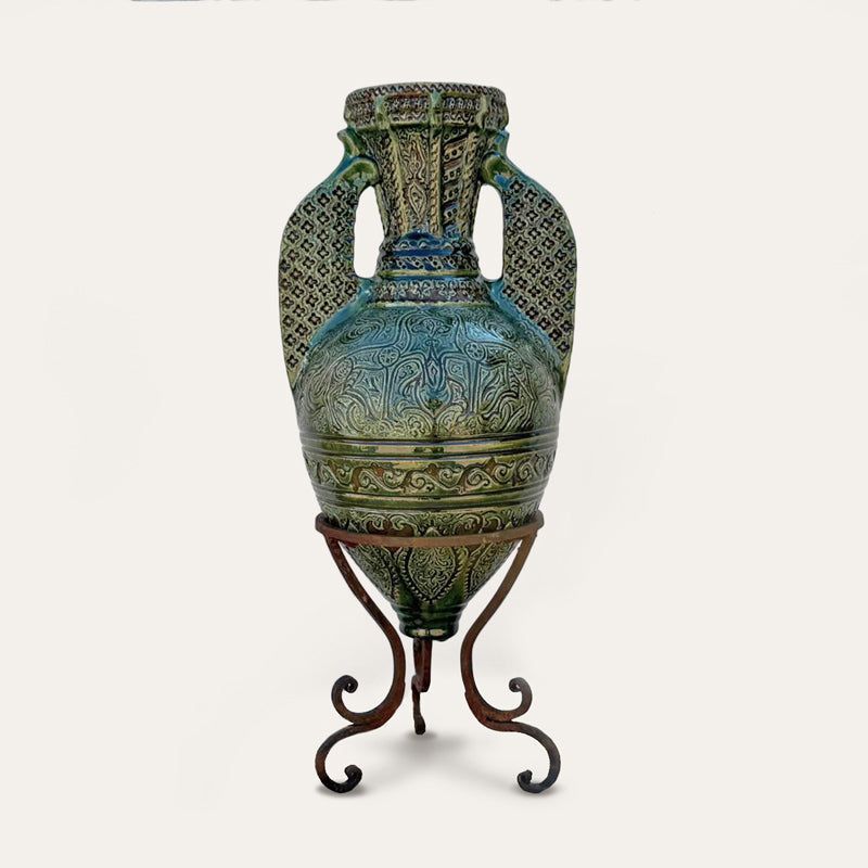 Alhambra green ceramic floor vase by Pablo Tito with intricate latticework and relief carving, handcrafted in Andalusia, Spain.