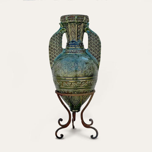 Alhambra green ceramic floor vase by Pablo Tito with intricate latticework and relief carving, handcrafted in Andalusia, Spain.