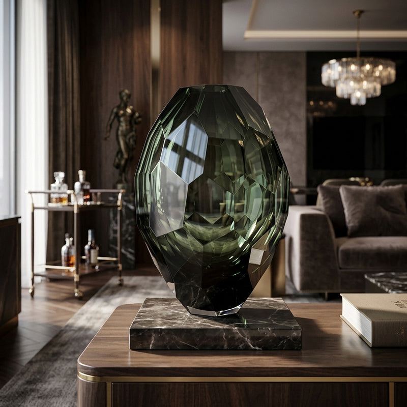 Large titanium Murano glass vase with a hand-sculpted faceted surface, mouth-blown and crafted by hand on Murano Island in Venice, Italy.