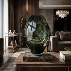 Large titanium Murano glass vase with a hand-sculpted faceted surface, mouth-blown and crafted by hand on Murano Island in Venice, Italy.