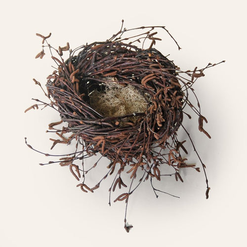 Handwoven birch twig nest sculpture with reindeer moss by Irish artisan Joe Hogan, created from natural materials gathered across the Irish landscape.