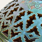 Centro Gomero Calado sculptural ceramic centerpiece by Pablo Tito featuring geometric openwork, handcrafted in Andalusia, Spain.