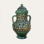 Incensario Calado decorative ceramic vessel by Pablo Tito featuring hand-carved geometric openwork, handcrafted in Andalusia, Spain.