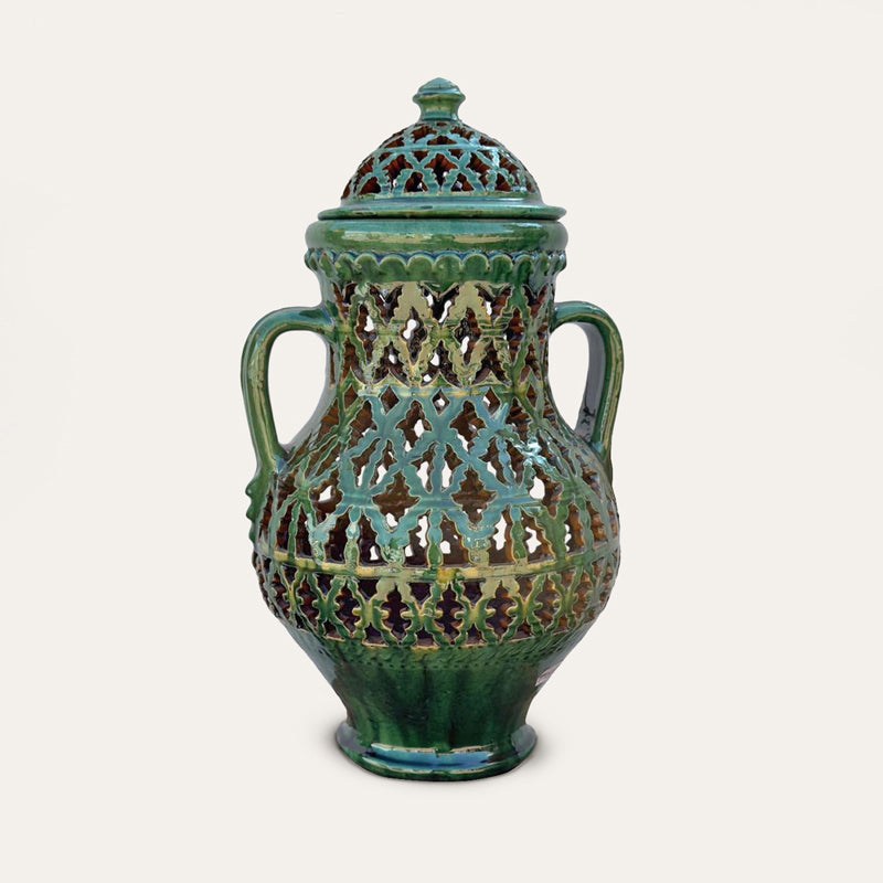 Incensario Calado decorative ceramic vessel by Pablo Tito featuring hand-carved geometric openwork, handcrafted in Andalusia, Spain.