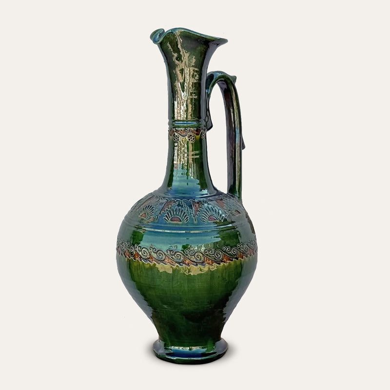 Lagrimero decorative green ceramic vessel by Pablo Tito with hand-carved sgraffito decoration, handcrafted in Andalusia, Spain.