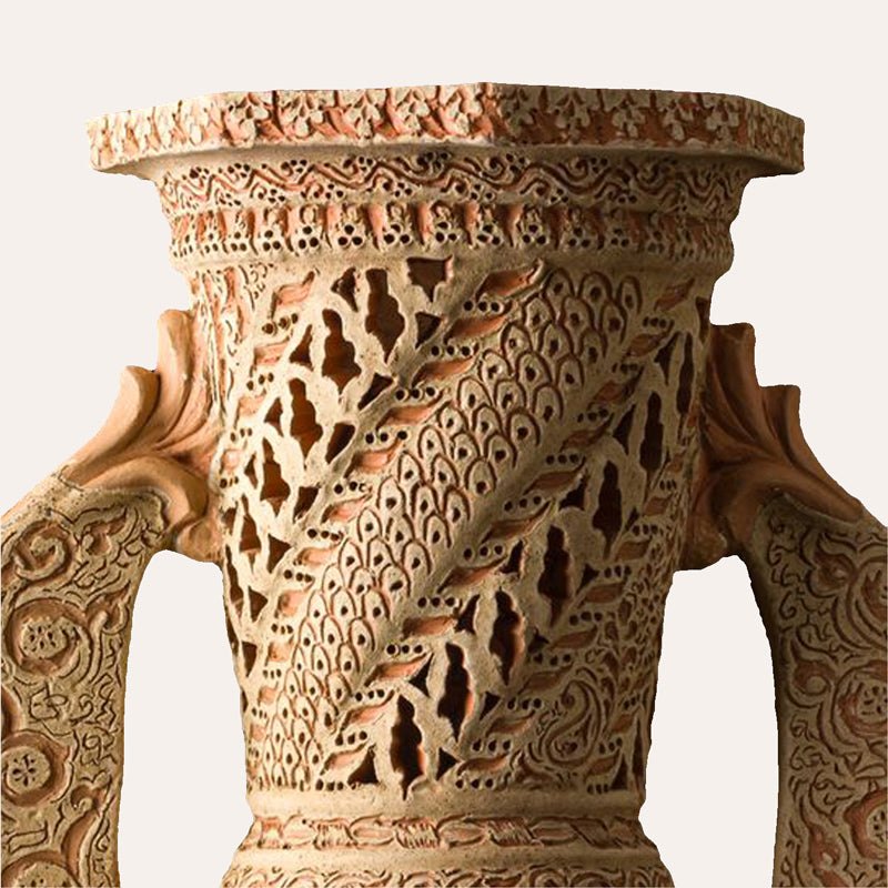 Luz de Andalucía sculptural floor vase by Pablo Tito with hand-carved geometric openwork.