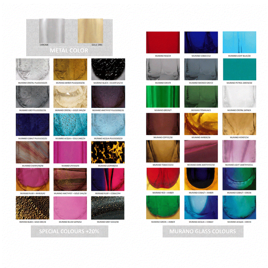 A color selection chart for Murano glass, available for made-to-order customization, including standard and special colors. Chrome, gold, rose gold, silver, red, blue, green, pink, yellow, and purple.