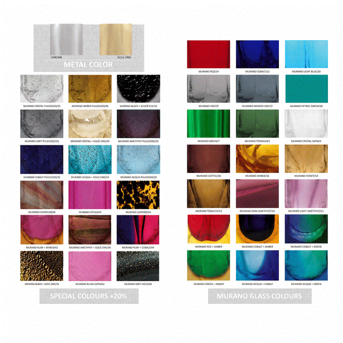A color selection chart for Murano glass, available for made-to-order customization, including standard and special colors. Chrome, gold, rose gold, silver, red, blue, green, pink, yellow, and purple.