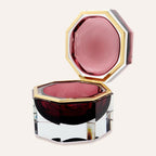Large octagonal burgundy-red Murano glass jewelry box with 24K gold metal detailing and polished surfaces, handcrafted on Murano Island in Venice, Italy.
