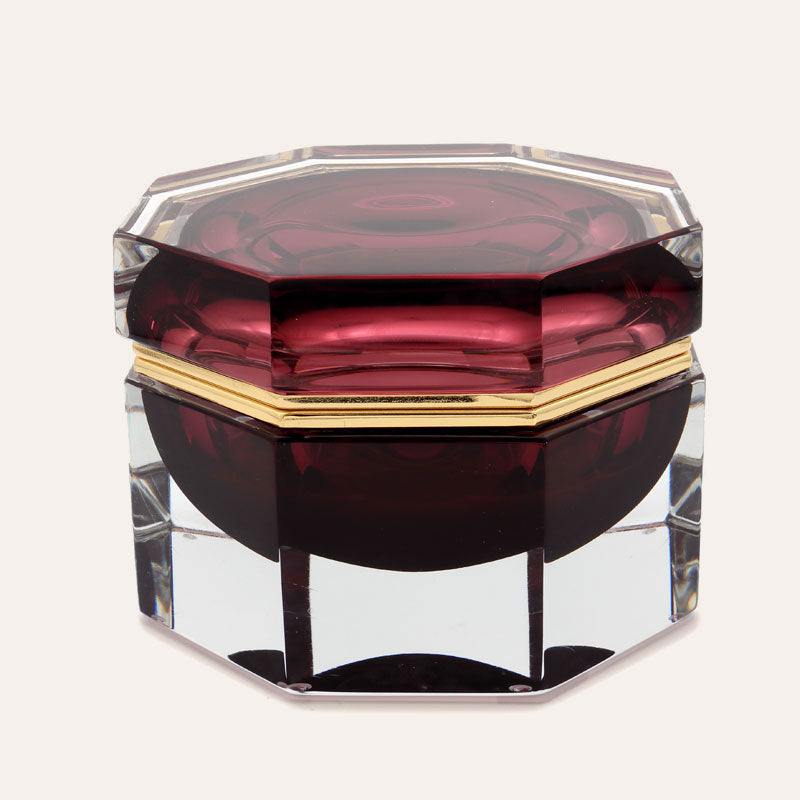 Large octagonal burgundy-red Murano glass jewelry box with 24K gold metal detailing and polished surfaces, handcrafted on Murano Island in Venice, Italy.