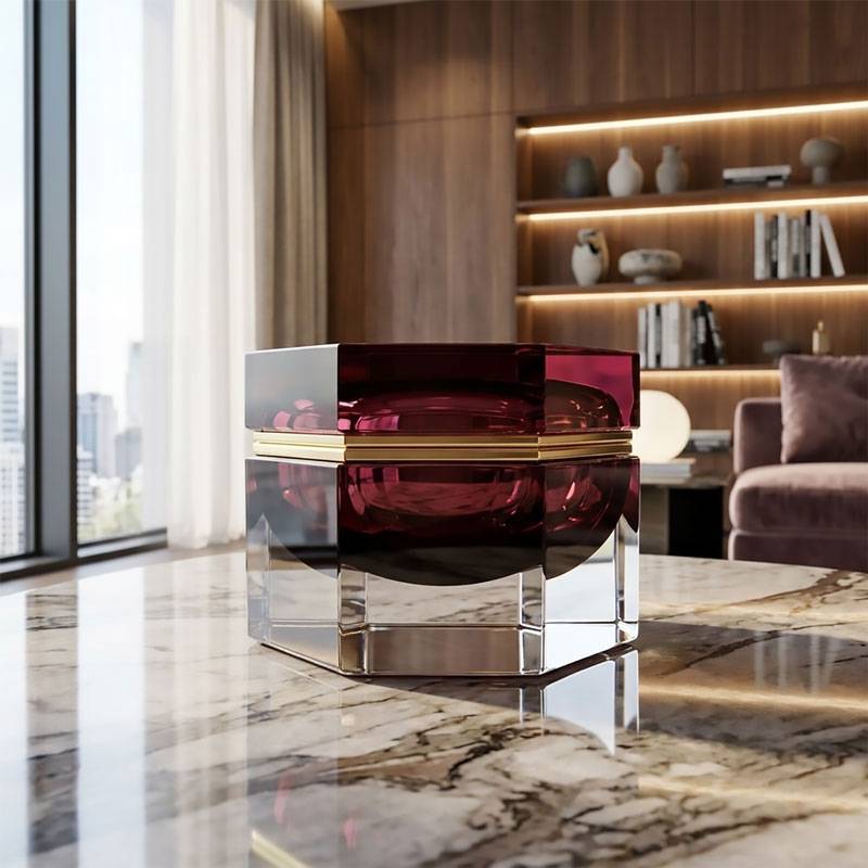 Large octagonal burgundy-red Murano glass jewelry box with 24K gold metal detailing and polished surfaces, handcrafted on Murano Island in Venice, Italy.