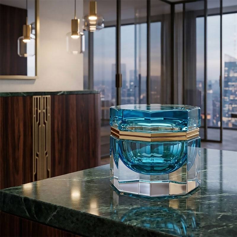 Medium octagonal light-blue Murano glass jewelry box with 24K gold metal detailing and polished surfaces, handcrafted on Murano Island in Venice, Italy.