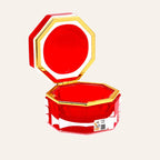 Medium octagonal red Murano glass jewelry box with 24K gold metal detailing and polished surfaces, handcrafted on Murano Island in Venice, Italy.