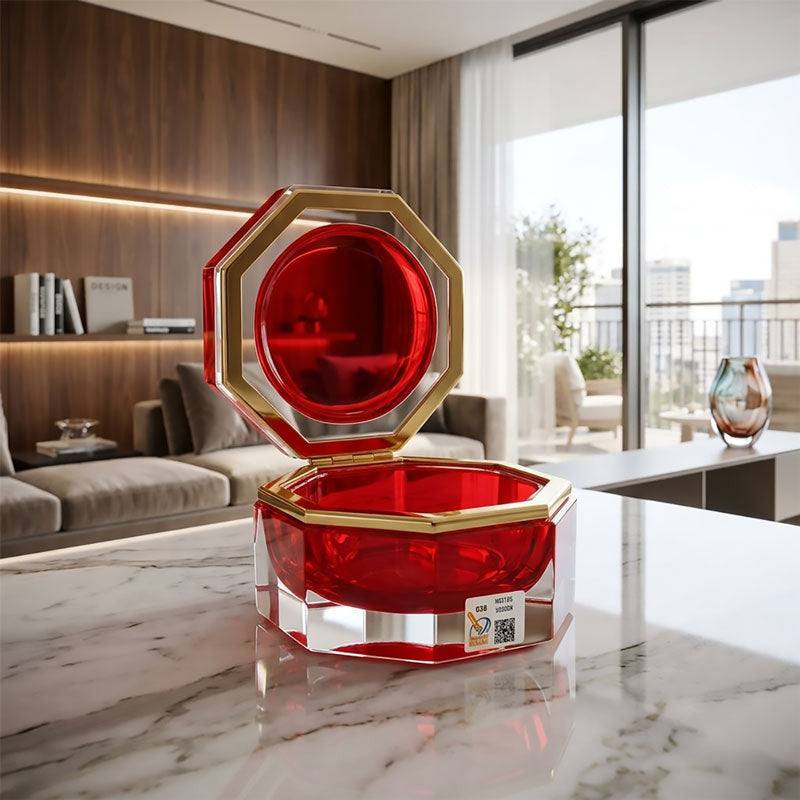 Medium octagonal red Murano glass jewelry box with 24K gold metal detailing and polished surfaces, handcrafted on Murano Island in Venice, Italy.