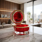 Medium octagonal red Murano glass jewelry box with 24K gold metal detailing and polished surfaces, handcrafted on Murano Island in Venice, Italy.