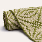 Sa Mendula Sardinian handwoven green-cream linen rug by Anna Deriu, woven on a traditional Sardinian horizontal loom.