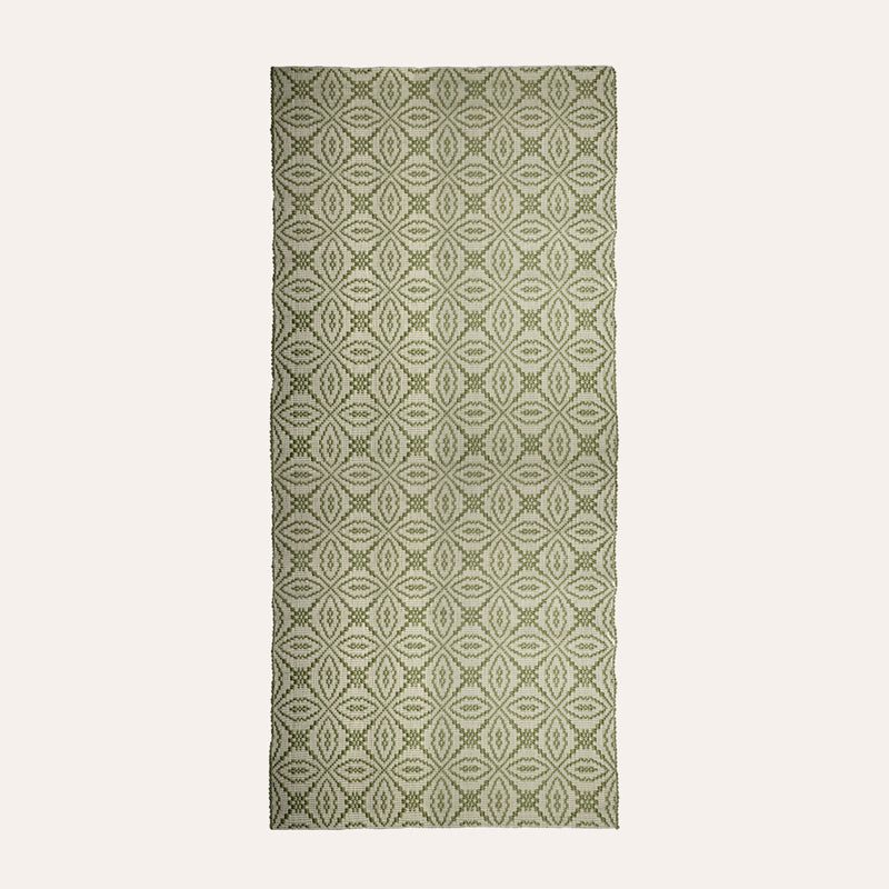 Sa Mendula Sardinian handwoven green-cream linen rug by Anna Deriu, woven on a traditional Sardinian horizontal loom.
