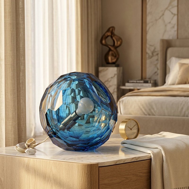 Medium grey spherical Murano glass table lamp with a hand-sculpted faceted surface, handcrafted on Murano Island in Venice, Italy.
